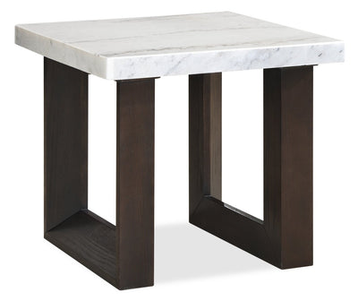 Silvia 22" Modern End Table - White and Grey Marble Look with Brown Wood Legs|Table de bout moderne Silvia de 22 po - imitation de marbre blanc et gris avec pattes en bois brun