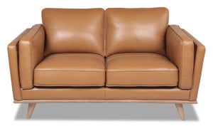 Causeuse Vivia de 63 po en cuir véritable avec coussins de siège amovibles et pattes en bois - brun caramel 