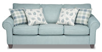  Sofa Scarlett de 87 po fabriqué au Canada en tissu de chenille avec accoudoirs enroulés et coussins décoratifs - bleu marine