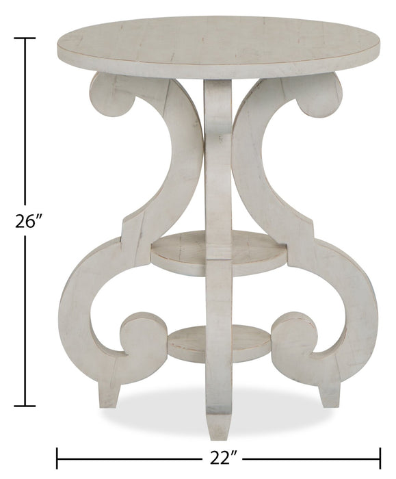 Table de bout ronde traditionnelle Bronwyn de 22 po avec tablette - pin albâtre avec base en bois à volutes