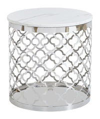 Table de bout ronde somptueuse Belle de 19,75 po - dessus en marbre blanc avec base en acier inoxydable