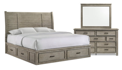 Levi 5pc Bedroom Set with Storage Bed, Dresser & Mirror, Wooden, Drift Grey - King Size | Ensemble de chambre à coucher Levi 5 pièces en bois avec lit de rangement, commode et miroir, gris bois de grève - format très grand lit