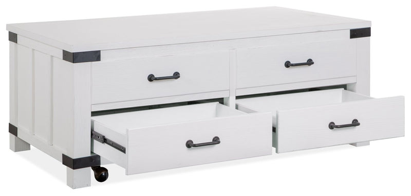 Table à café moderne Harper de 50 po avec dessus relevable, rangement et roulettes - pin blanc