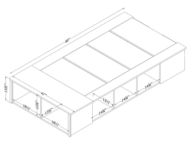 Lit plateforme Everley avec rangement et paniers intégrés, chêne vieilli et noir mat - format lit simple