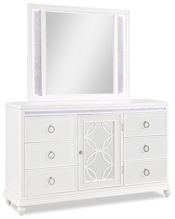 Commode somptueuse Ava de 67 po (L) x 39 po (H) à 7 tiroirs avec éclairage à DEL pour la chambre à coucher - blanche