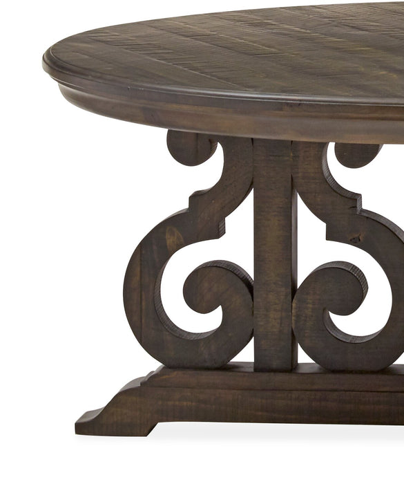 Table à café ronde traditionnelle Bellamy de 40 po - pin brun foncé avec base en bois à volutes