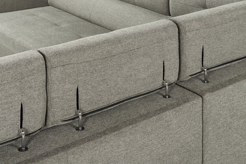 Sofa sectionnel de gauche Savvy 2 pièces en tissu d’apparence lin avec appuie-têtes réglables, porte-gobelets et port USB - gris
