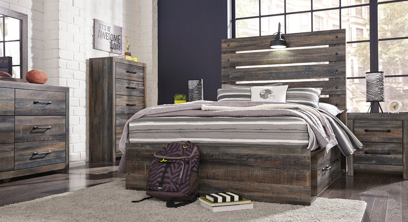 Ensemble de chambre à coucher Abby 5 pièces avec lit de rangement latéral, commode, miroir, lumière DEL et port USB, brun - format lit double