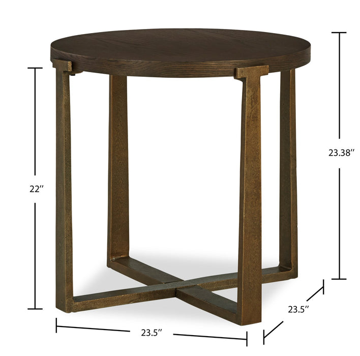 Table de bout ronde contemporaine Terza de 23,5 po - dessus en bois brun foncé avec pattes en métal bronze