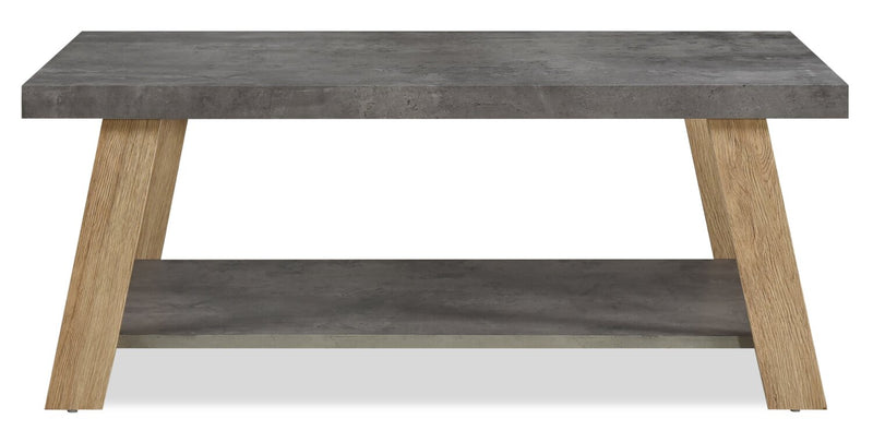 Table à café moderne Kelly de 43,3 po avec tablette - dessus en pierre grise avec pattes en bois clair