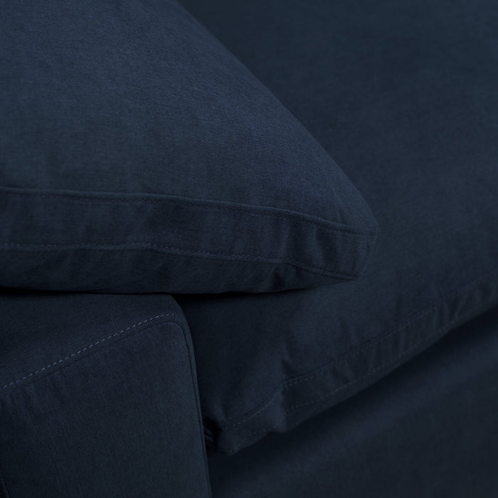 Sofa sectionnel modulaire Eclipse 6 pièces en tissu d’apparence lin avec poufs et coussins réversibles en duvet et plumes - bleu marine