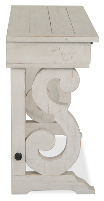 Table de salon traditionnelle Bronwyn de 50 po avec rangement - pin albâtre avec base en bois à volutes