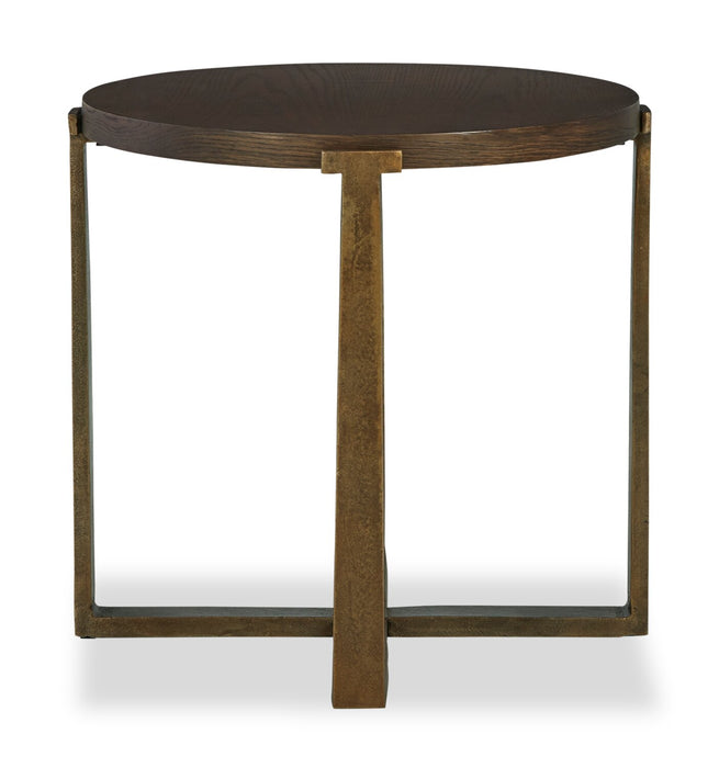 Table de bout ronde contemporaine Terza de 23,5 po - dessus en bois brun foncé avec pattes en métal bronze