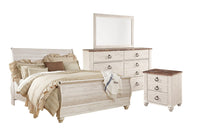  Ensemble de chambre à coucher Willowton 6 pièces avec lit-bateau, commode, miroir et table de nuit, blanchi - format très grand lit