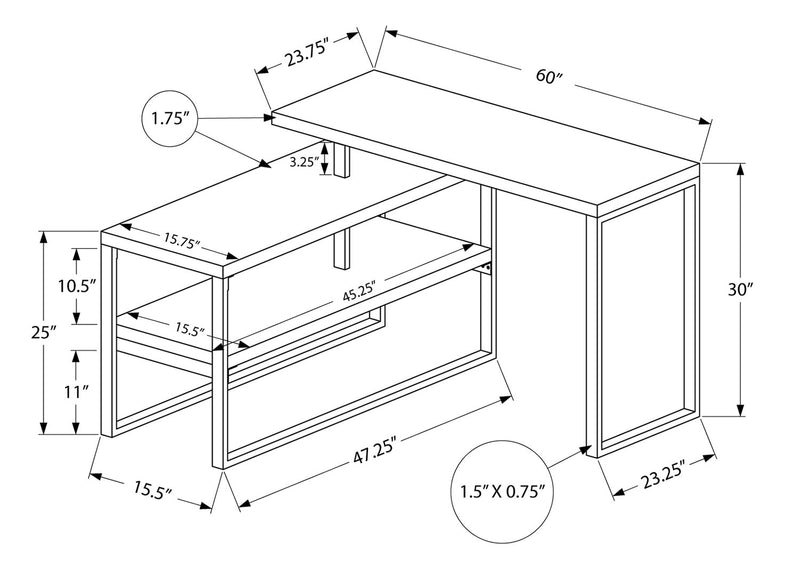 Bureau en forme de L Andrea de 60 po avec tablette - gris