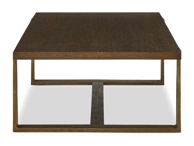 Table à café contemporaine Terza de 55,13 po - dessus en bois brun foncé avec pattes en métal bronze