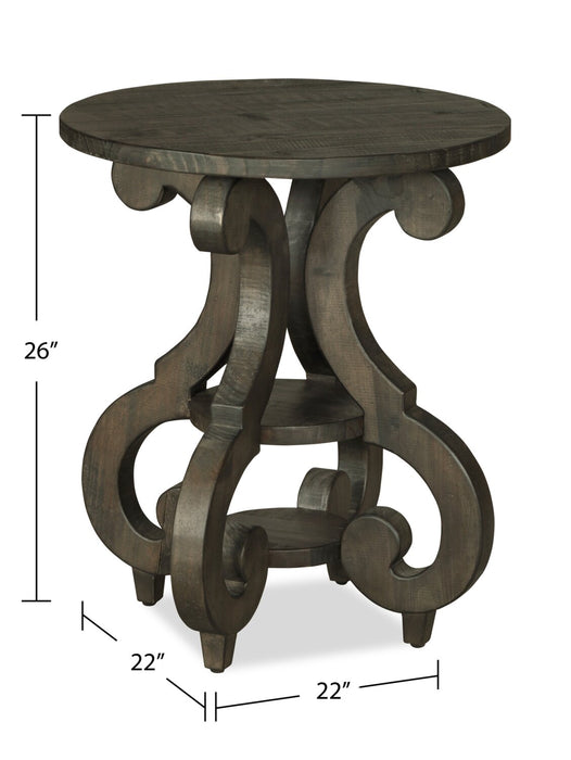 Table de bout ronde traditionnelle Bellamy de 22 po avec tablette - pin brun foncé avec base en bois à volutes