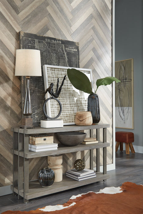 Table de salon moderne Eldridge de 48 po avec tablette - gris vieilli avec métal et bois