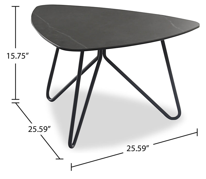 Table de bout triangulaire moderne Hamilton de 29,72 po - dessus en imitation de marbre gris avec pattes en métal noir