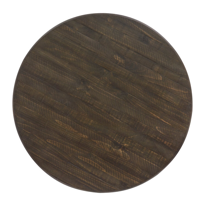 Table à café ronde traditionnelle Bellamy de 40 po - pin brun foncé avec base en bois à volutes