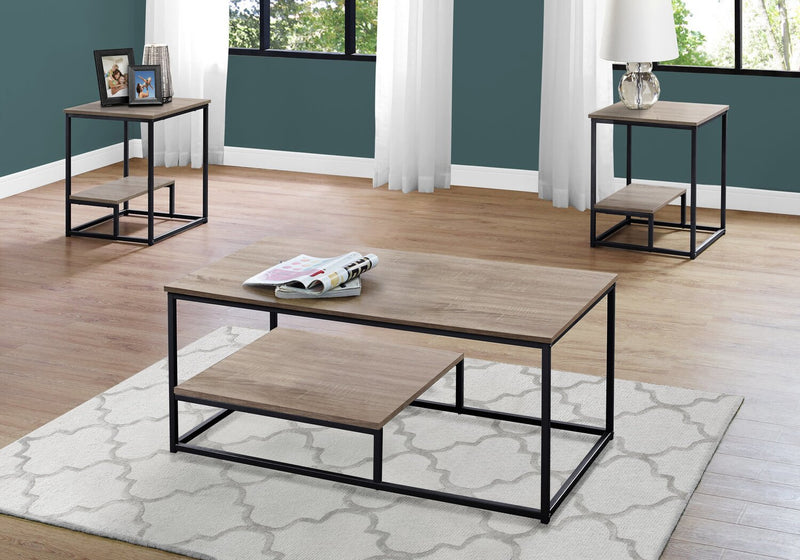 Ensemble 3 tables modernes Jules de 42,25 po (table à café et 2 tables de bout) avec tablette - taupe foncée avec armature en métal noir
