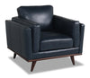 Fauteuil Vivia de 40 po en cuir véritable avec coussin de siège amovible et base en bois - bleu marine