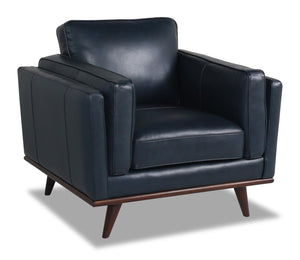 Fauteuil Vivia de 40 po en cuir véritable avec coussin de siège amovible et base en bois - bleu marine