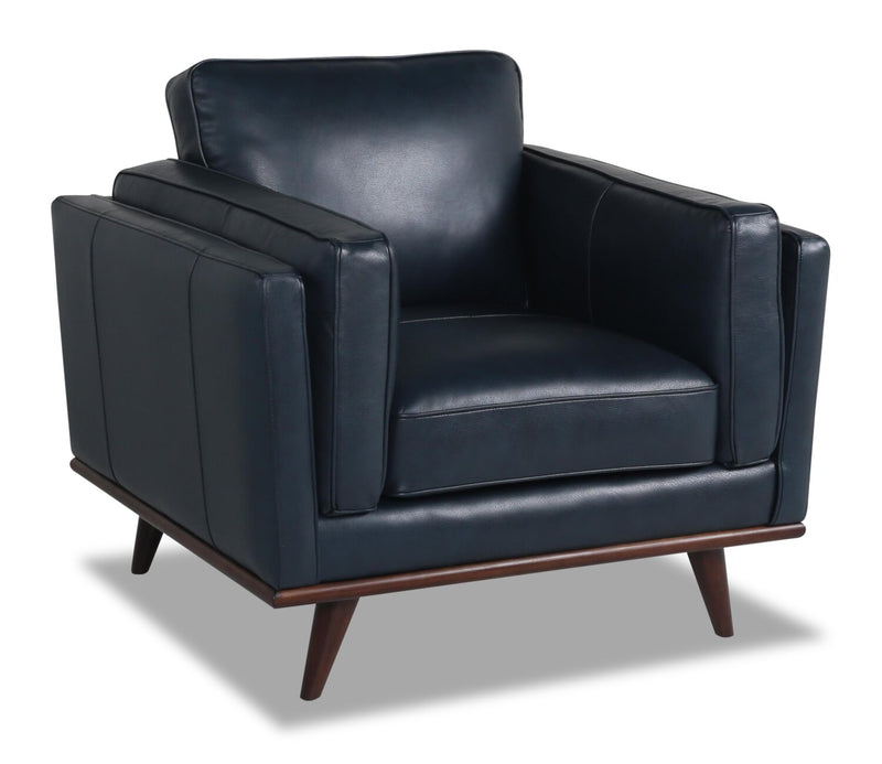 Fauteuil Vivia de 40 po en cuir véritable avec coussin de siège amovible et base en bois - bleu marine