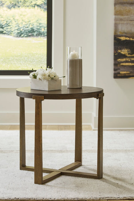 Table de bout ronde contemporaine Terza de 23,5 po - dessus en bois brun foncé avec pattes en métal bronze