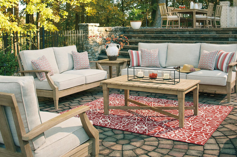 Causeuse Juno pour la terrasse à l’extérieur - eucalyptus et tissu Nuvella, résistante aux rayons UV et aux intempéries - naturelle et beige