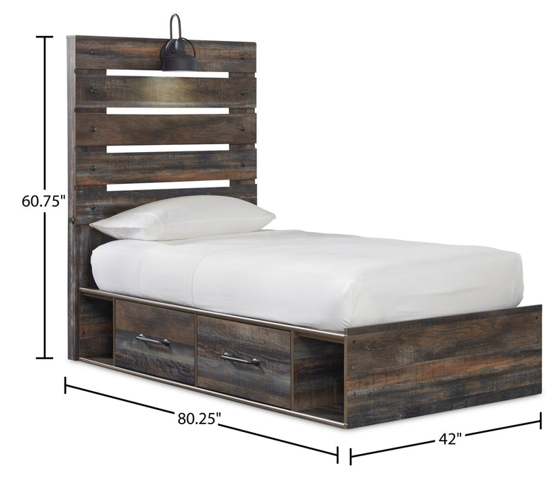 Ensemble de chambre à coucher Abby 5 pièces pour enfants avec lit de rangement latéral, commode, miroir, lumière DEL et port USB, brun - format lit simple
