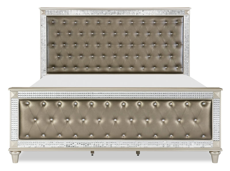Ensemble de chambre à coucher Tyra 5 pièces somptueux en cuir végétalien avec lit, commode et miroir, champagne - format grand lit
