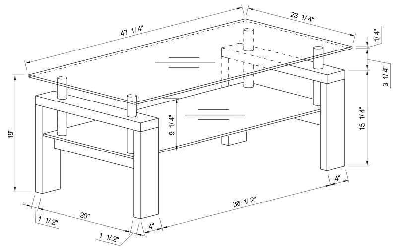 Table à café moderne Harvy de 47,25 po avec dessus en verre et tablette - blanche 