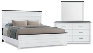 Ensemble de chambre à coucher Zoey 5 pièces avec lit, commode et miroir, deux teintes, blanc et brun - format très grand lit