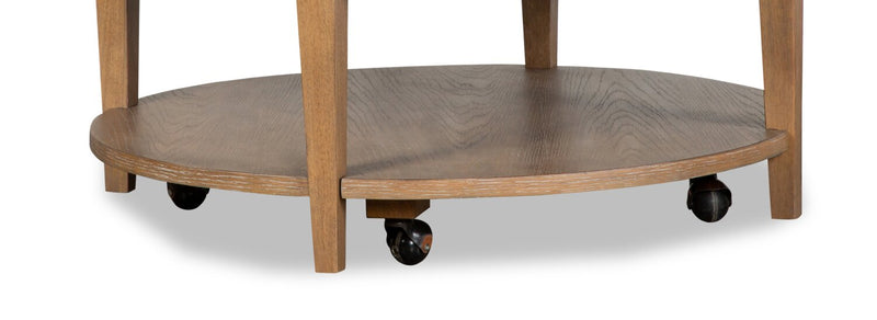 Table à café ronde moderne Rhett de 38 po avec tablette et roulettes - bois brun clair avec coussin blanc