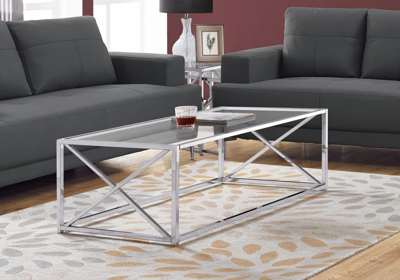 Table à café moderne Coral de 44 po avec dessus en verre - chromée avec base en métal