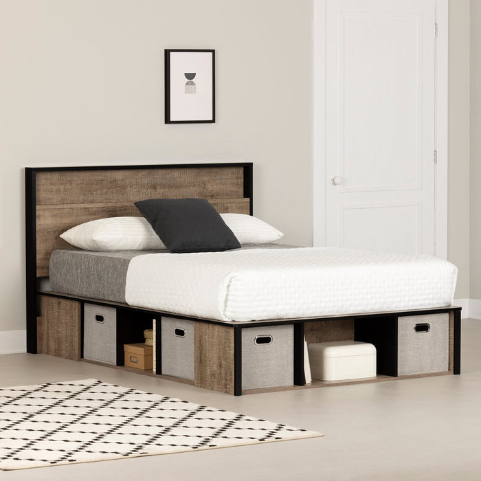 Ensemble lit plateforme et tête de lit à panneau Everley avec rangement et paniers intégrés, deux couleurs - format lit double