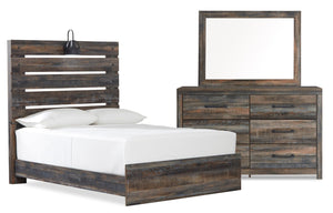 Ensemble de chambre à coucher Abby 5 pièces avec lit à panneau, commode, miroir, lumière DEL et port USB, brun - format lit double