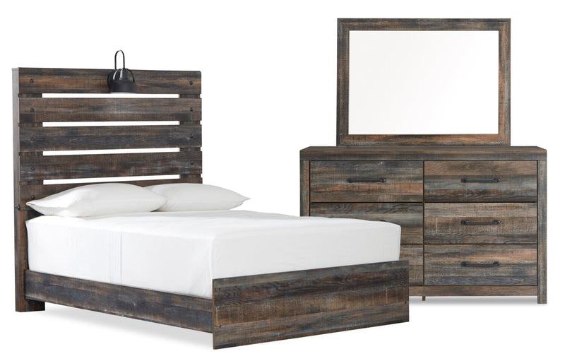 Ensemble de chambre à coucher Abby 5 pièces avec lit à panneau, commode, miroir, lumière DEL et port USB, brun - format lit double