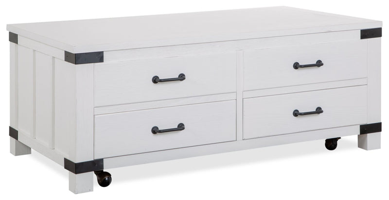Table à café moderne Harper de 50 po avec dessus relevable, rangement et roulettes - pin blanc