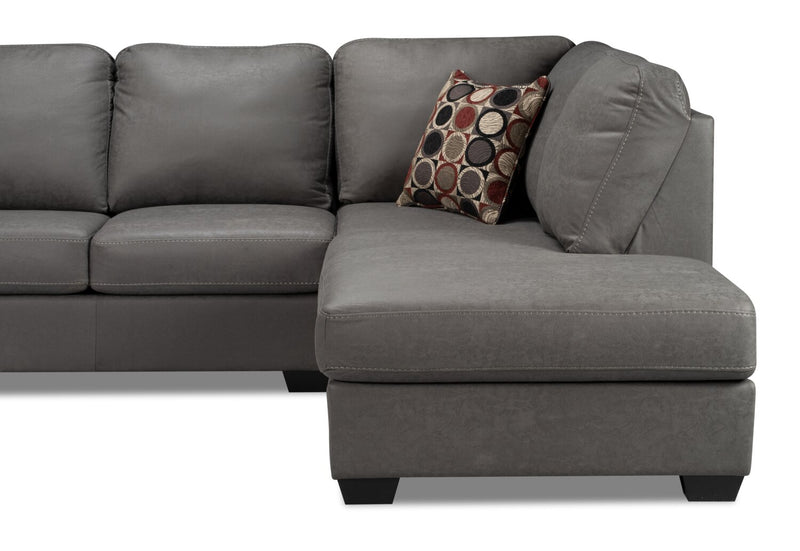 Sofa sectionnel de droite Morty 2 pièces fabriqué au Canada en tissu d’apparence cuir avec sofa et coussins décoratifs - gris