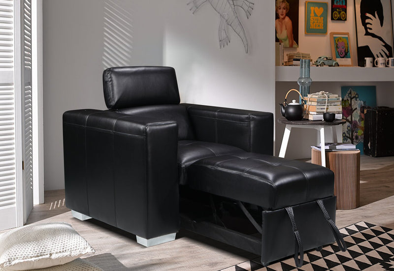Fauteuil Drake de 41,5 po en tissu d’apparence cuir avec pouf rétractable et appuie-têtes relevables - noir