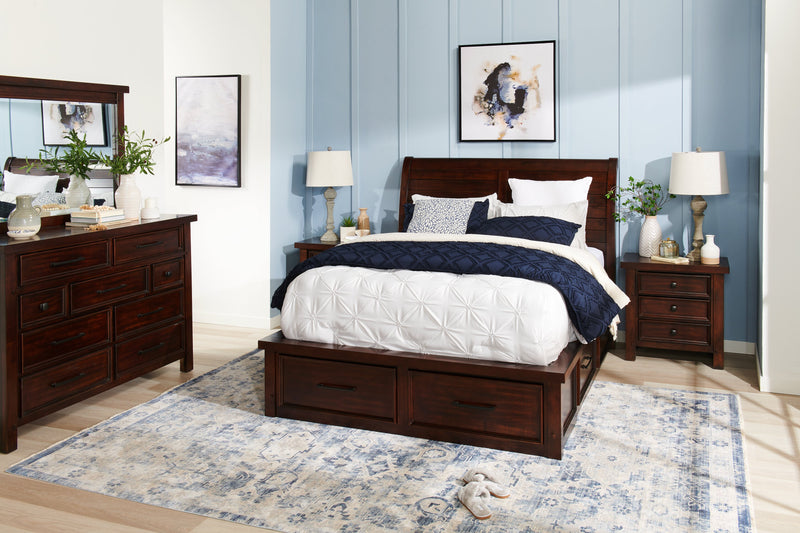 Ensemble de chambre à coucher Sonoma 5 pièces avec lit de rangement, commode et miroir, brun manguier - format grand lit