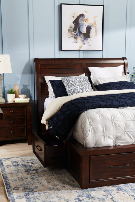 Ensemble de chambre à coucher Sonoma 5 pièces avec lit de rangement, commode et miroir, brun manguier - format grand lit