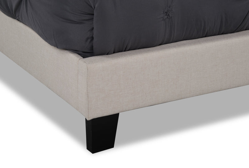 Lit rembourré Tara en tissu d’apparence lin beige avec capitonnage à boutons - format grand lit