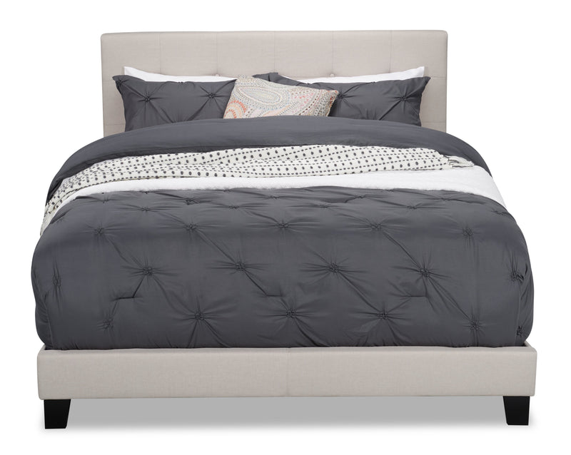 Lit rembourré Tara en tissu d’apparence lin beige avec capitonnage à boutons - format grand lit