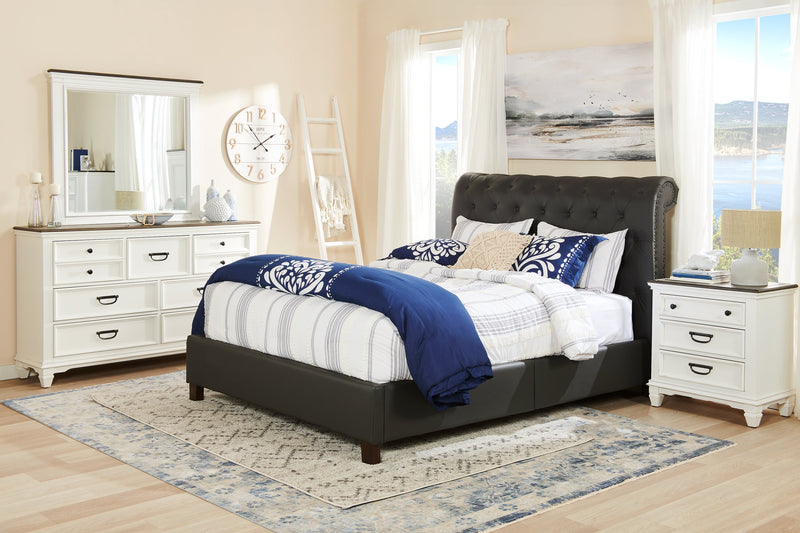 Lit plateforme rembourré Tulsa en tissu de cuir végétalien gris avec capitonnage à boutons - format grand lit