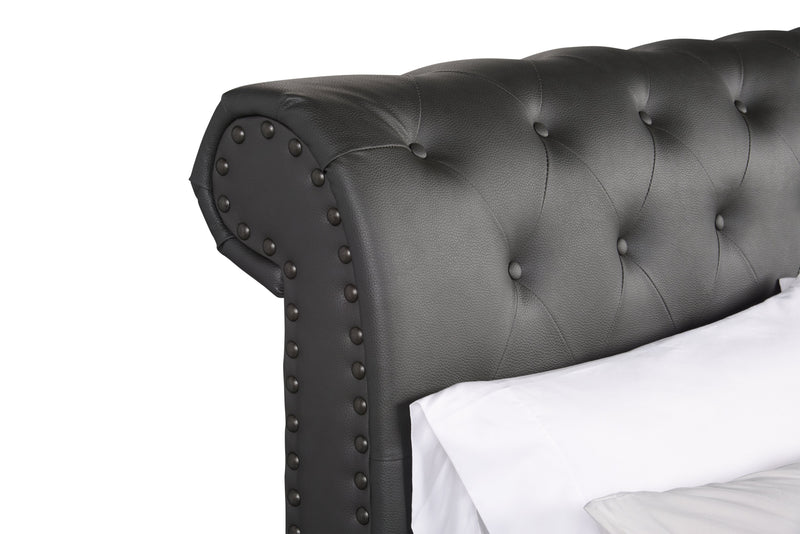 Lit plateforme rembourré Tulsa en tissu de cuir végétalien gris avec capitonnage à boutons - format grand lit