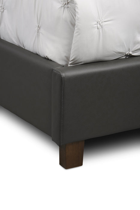 Lit plateforme rembourré Tulsa en tissu de cuir végétalien gris avec capitonnage à boutons - format grand lit