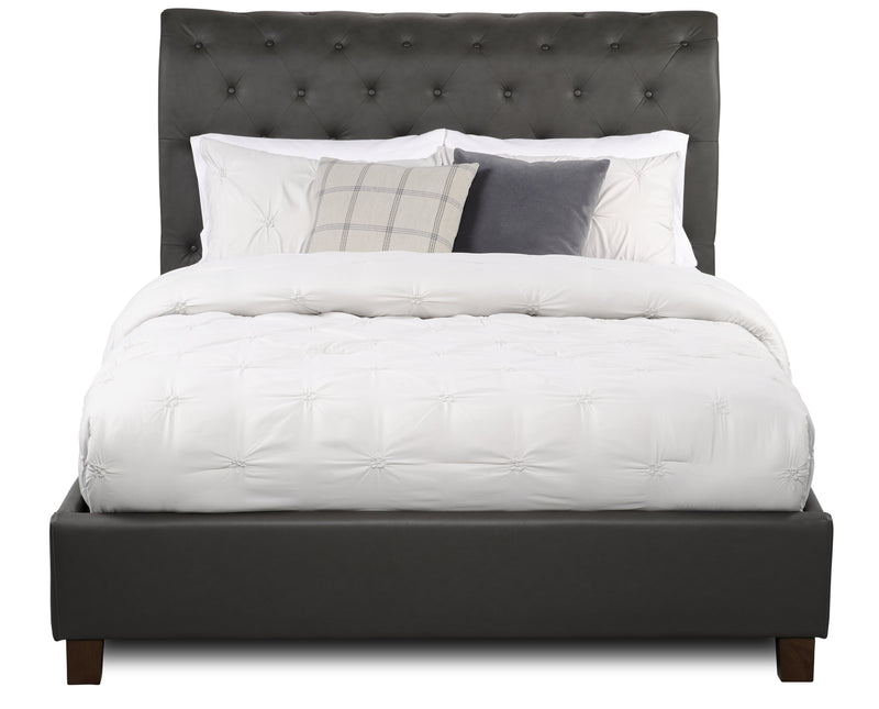 Lit plateforme rembourré Tulsa en tissu de cuir végétalien gris avec capitonnage à boutons - format grand lit